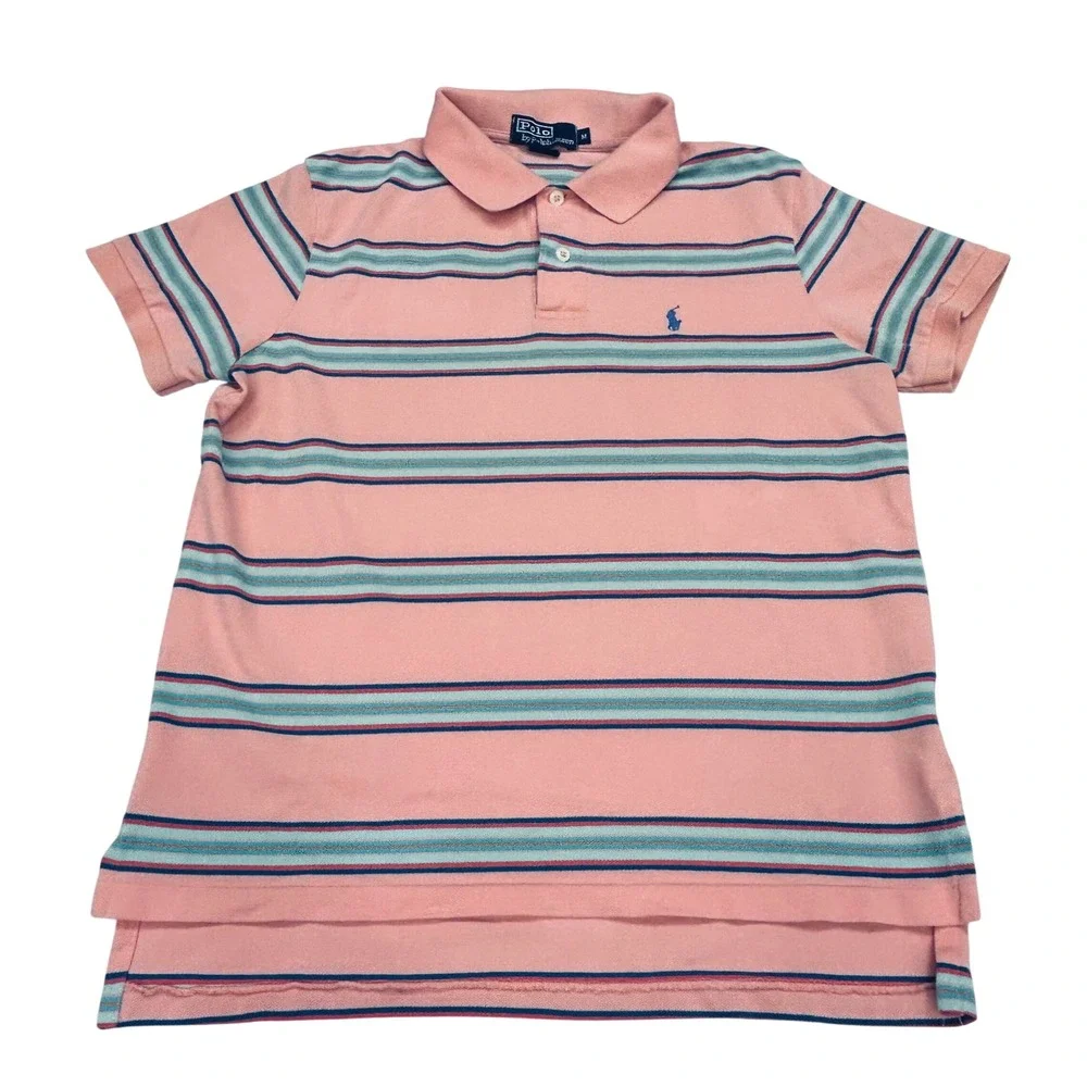 Polo Ralph Lauren Classic Fit Polo Shirt Mens M Salmon Pink Striped Preppy Y2K